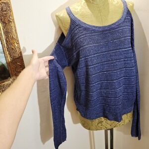 Feel The Piece Womens Blue Linen Blend Knit Cold Shoulder Sweater Oversized XS/S